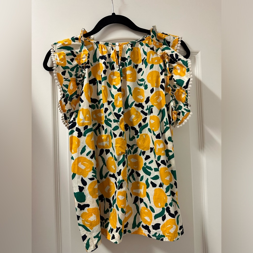 THML Yellow White Green Floral Ruffle Sleeve Top Women’s Size Medium 100% Cotton - Picture 2 of 4